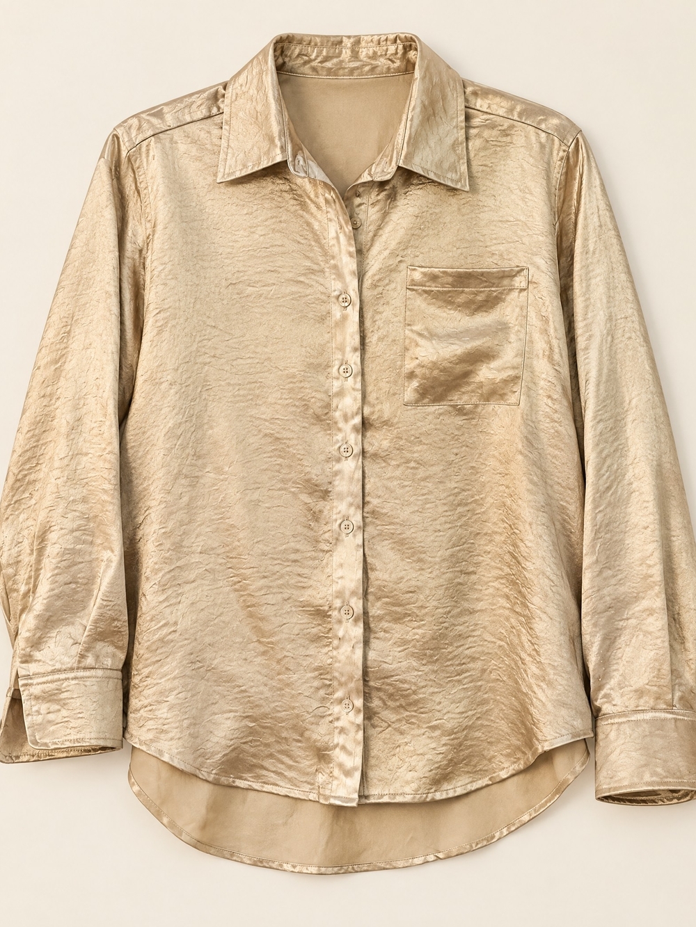Champagne Gold Satin Button Down Blouse Long Sleeve Sz Small Elevated Classic